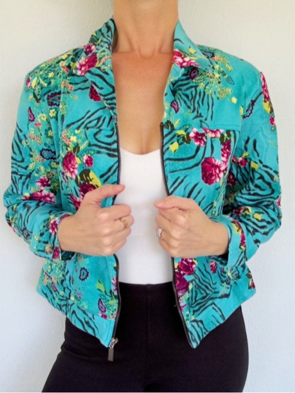 Vintage Mirette teal blue tropical floral cotton zip up jacket size large